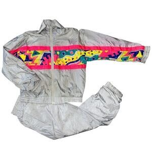 Tucano Activewear Vintage Kids 7 Light Gray Neon Geo Pattern Zip Jacket & Pants